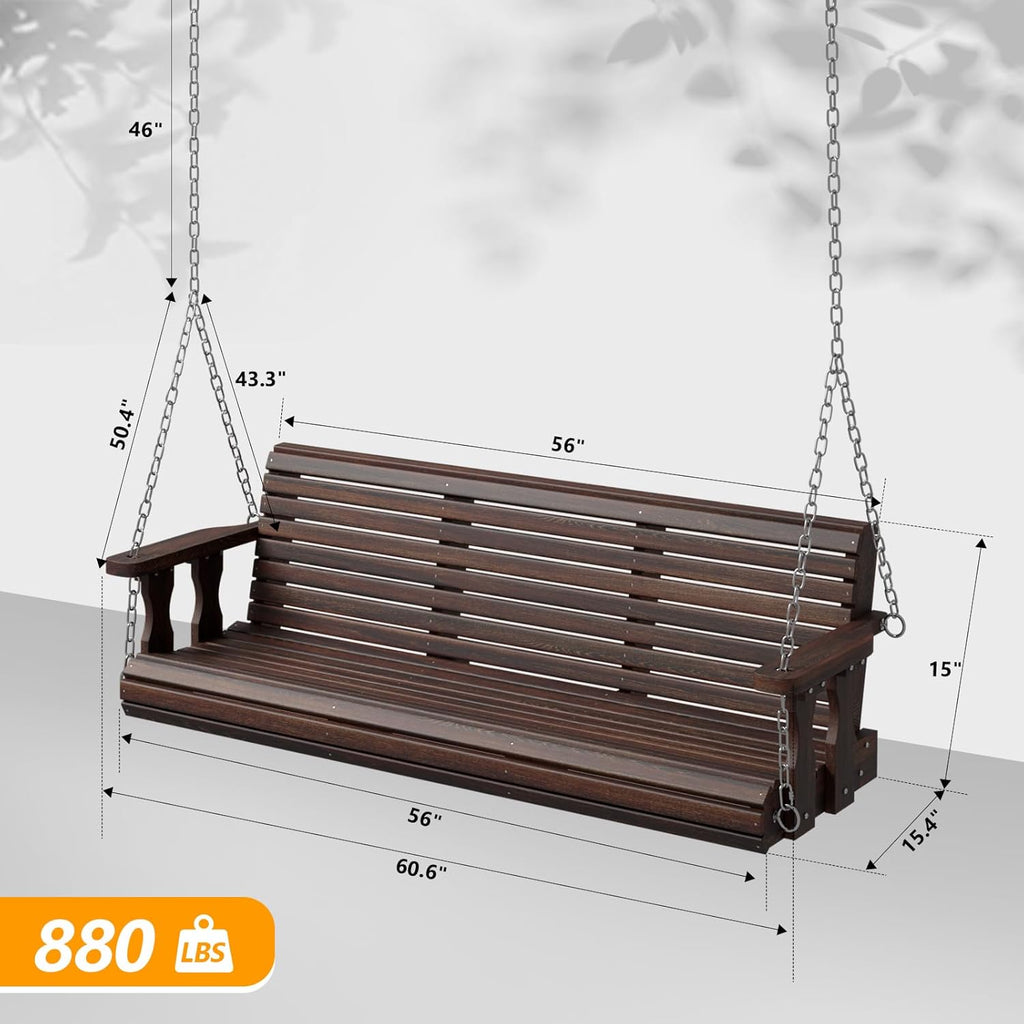 2026 Upgraded 5 FT Wooden Porch Swing, 880 LBS Heavy Duty, Rustic | 2026 Upgraded Design; Heavy-Duty Wooden Swing;