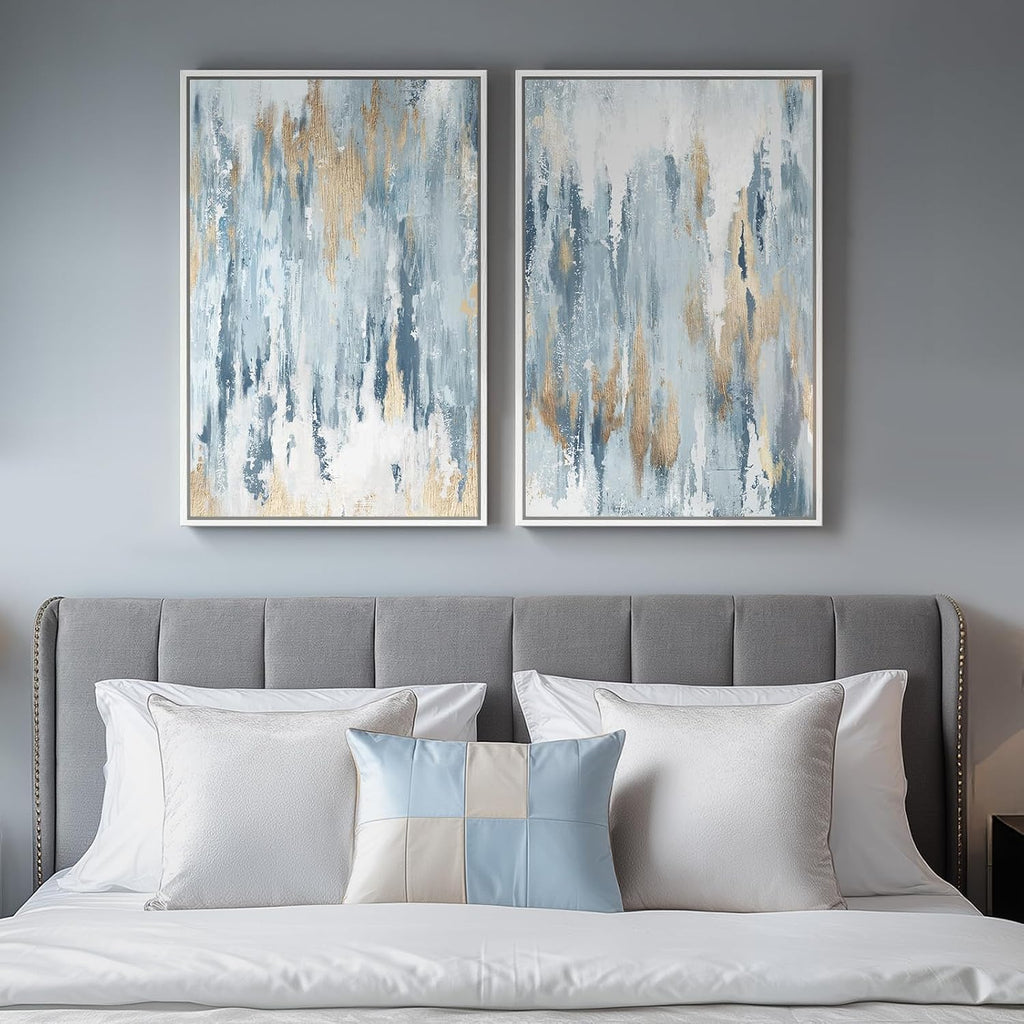 Large White Framed Blue and Gold Abstract Wall Art, 24x36 - Set of 2
