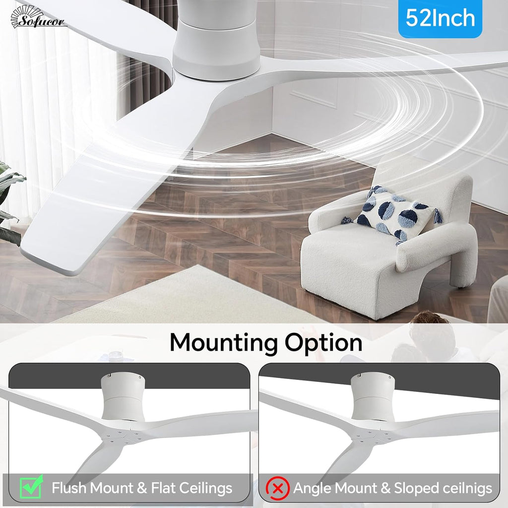 52" Smart Ceiling Fan No Light, Solid Wood Low Profile Ceiling Fan with Remote