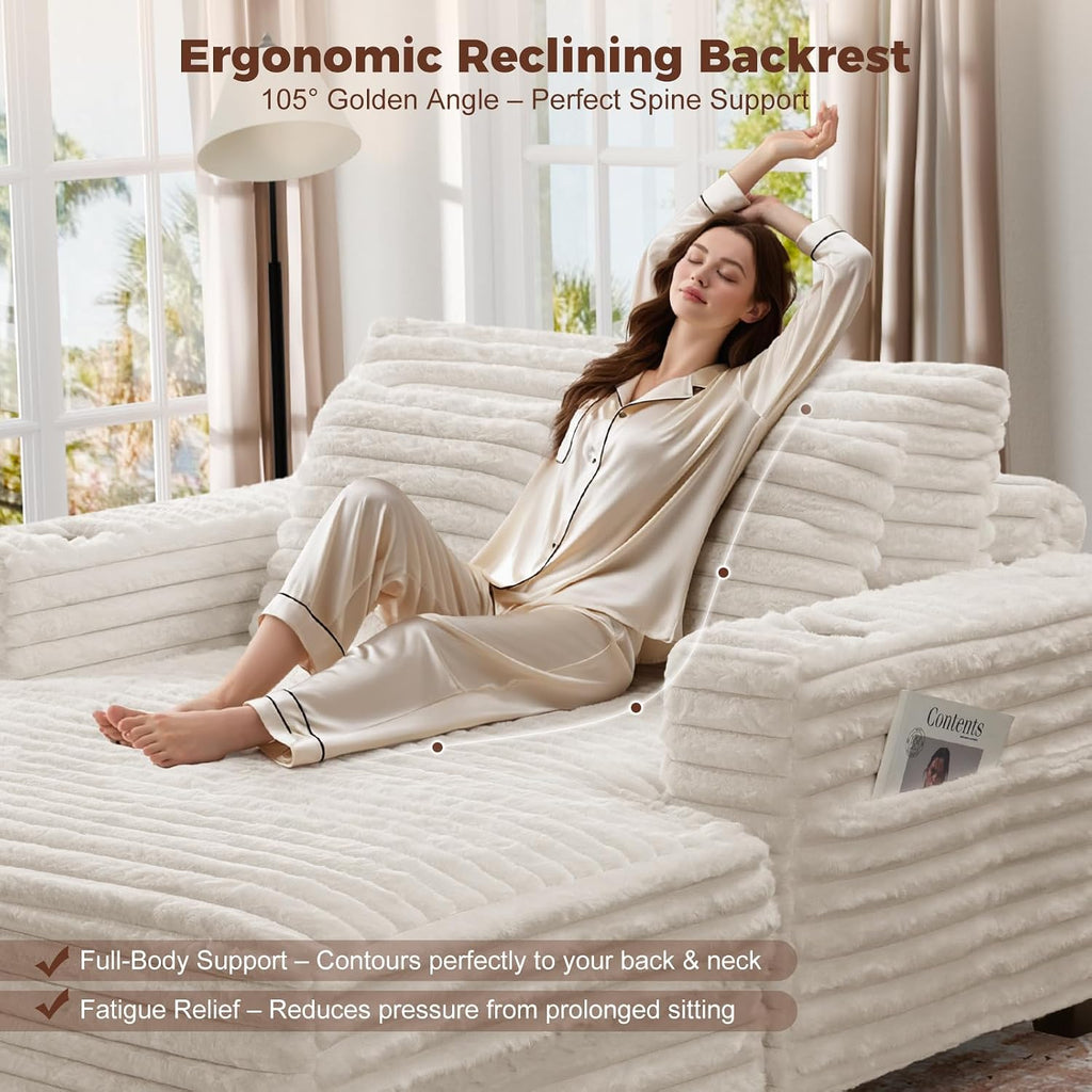 60" Oversized Chaise Lounge Chair with Wood Frame, USB Charging Port, Beige | Comfy Plush Faux Fur, 2 Cup Holders & 3