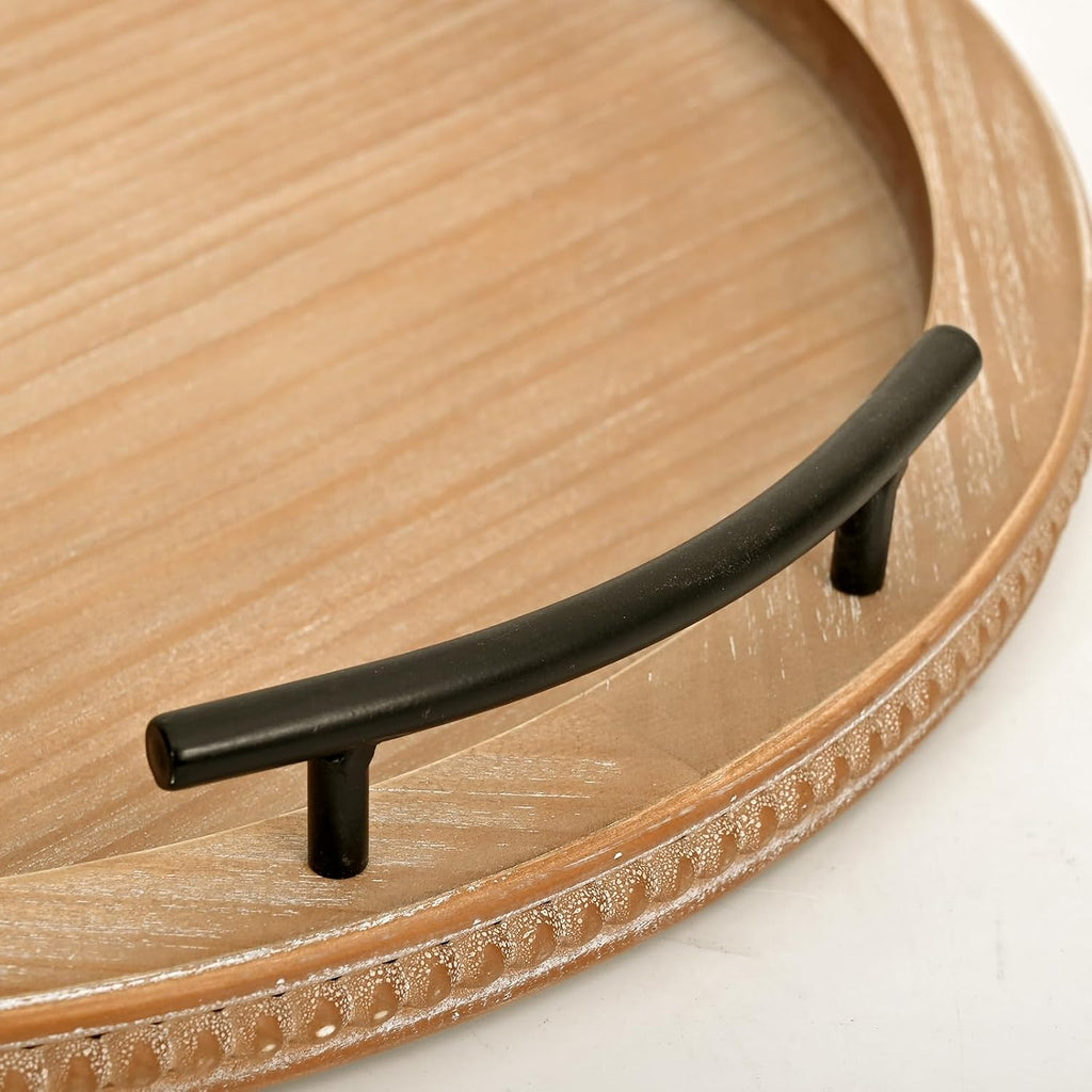 18Inch Brown Wooden Beaded Serving Tray with Handle Decorative Rustic Tray for Coffee Table Farmhouse Round Trays