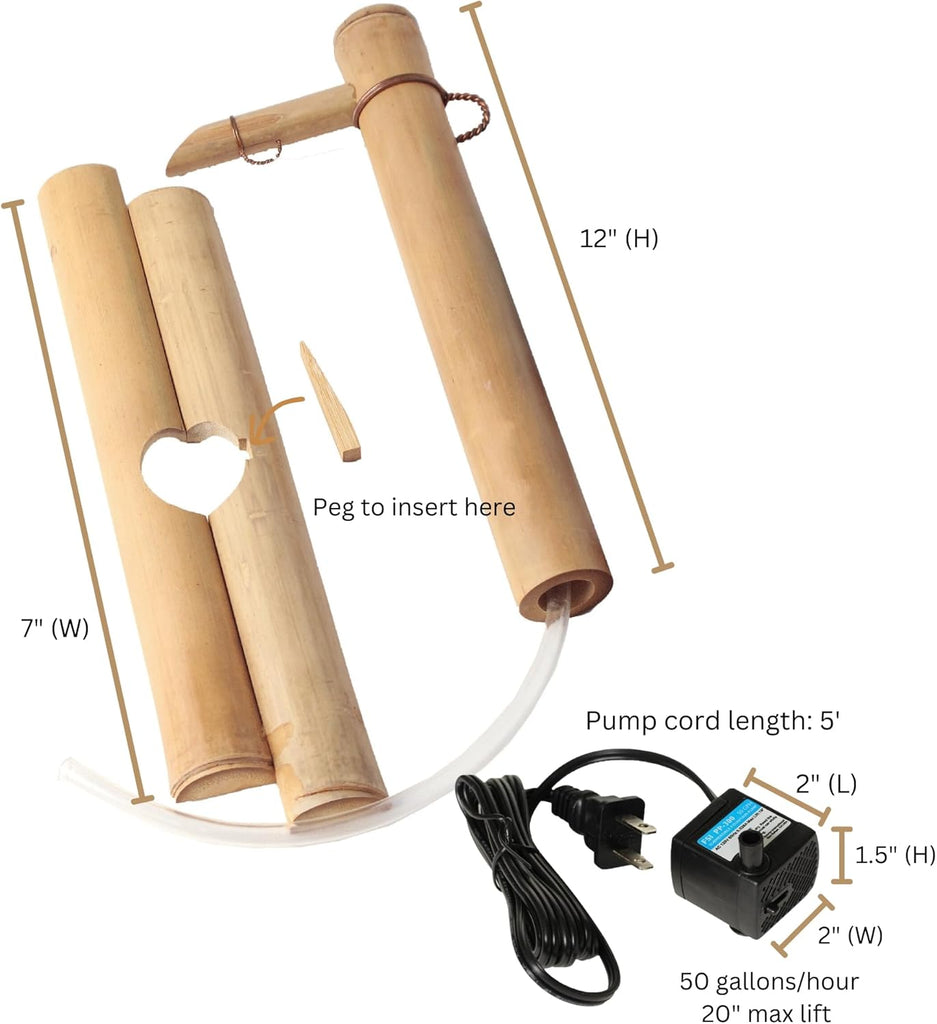 12" Adjustable Bamboo Fountain Kit with Pump - Classic Zen Water Feature for Bowls, Basins, Water Gardens & Patio
