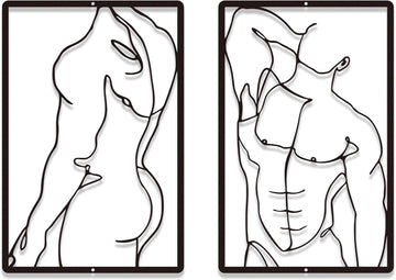 Metal Wall Art Abstract Single Line Art Hanging Decor - Minimalist Line Art Metal Wall Sculpture, Modern Male Body - Set of 2
