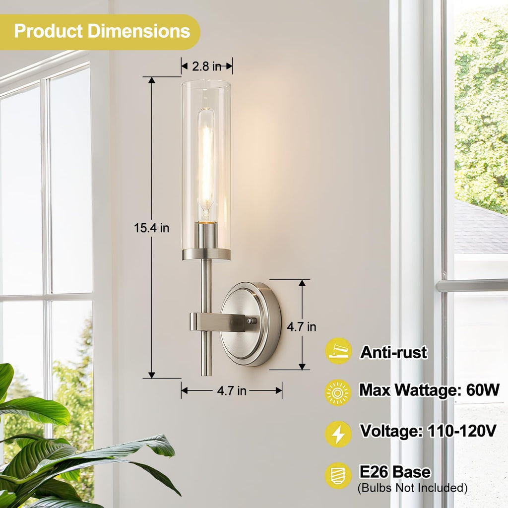 Wall Sconces Set of Two, Brushed Nickel Bathroom Sconces with Clear Glass, Hardwired Sconces Wall Decor Set of 2