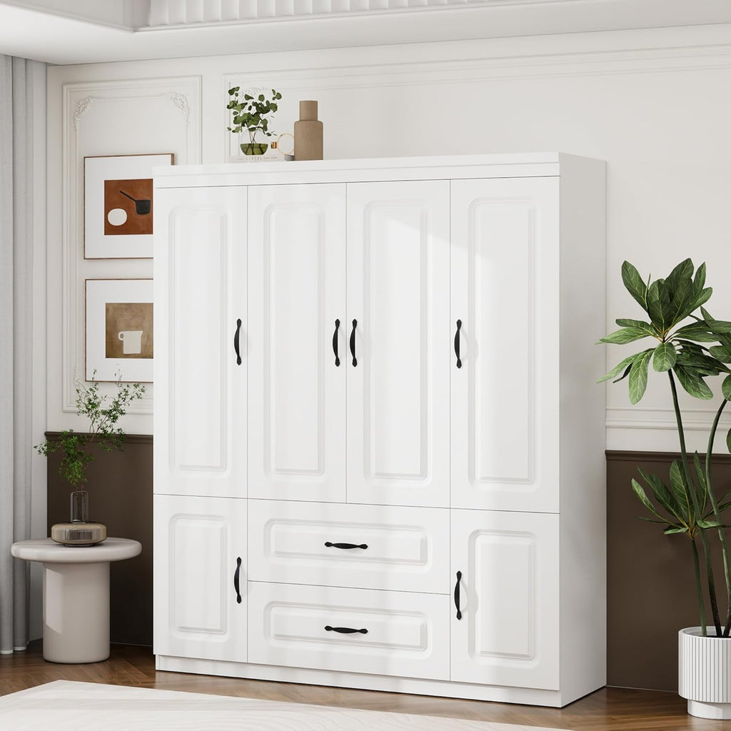 Large Capacity Wardrobe Closet with 2 Drawers White | Spacious Storage Cabinet Organizer , White Armoire Fits Most