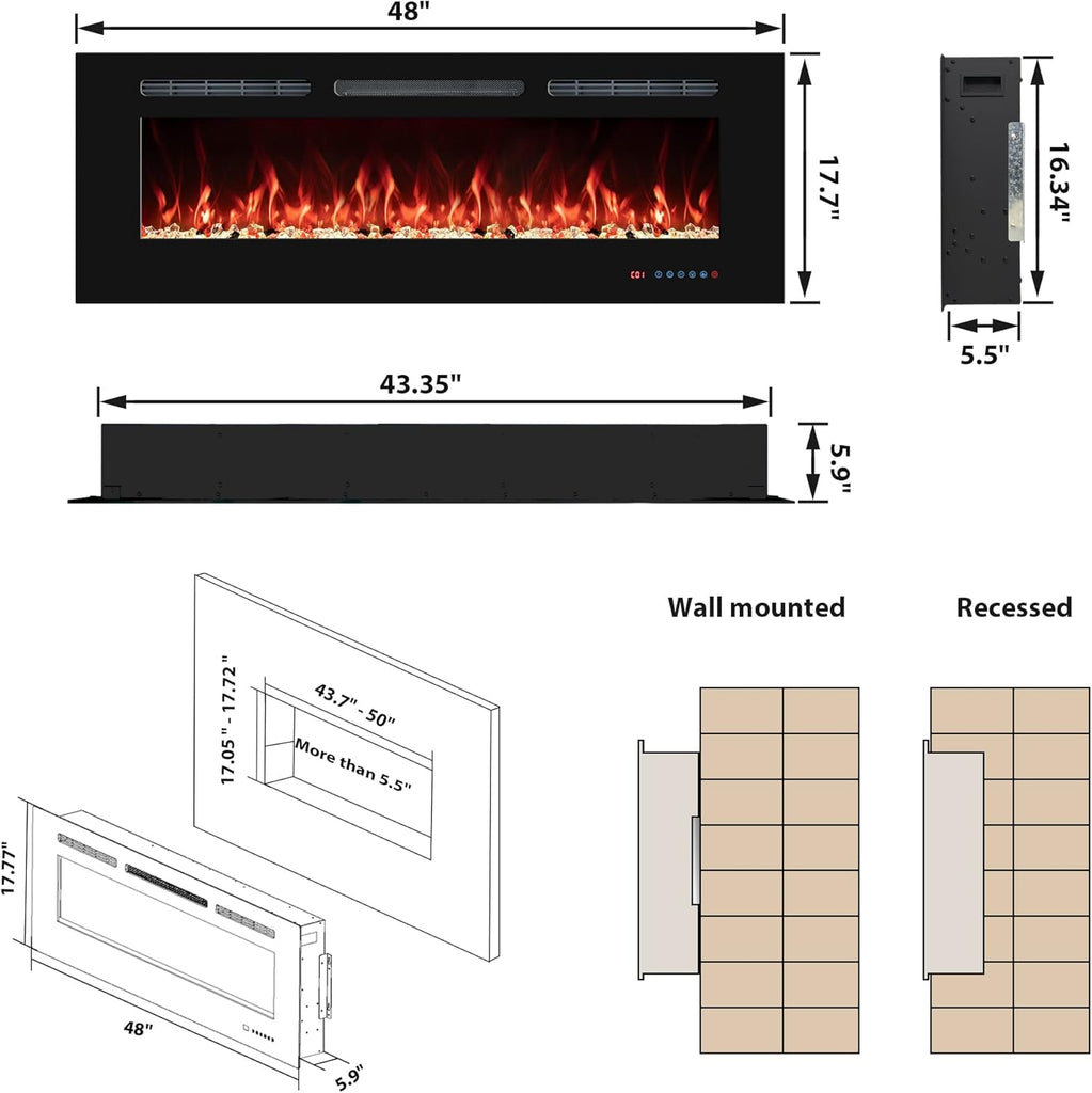 48'' Electric Fireplaces Inserts, Recessed & Wall-Mounted Fireplace Heater with Thermostat, Multicolor Flames,Timer
