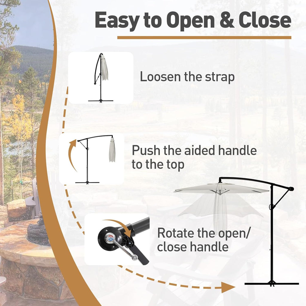 Offset Patio Umbrella, Cantilever Hanging Outdoor Umbrella w/360-degree Rotation, Handy Crank, UV/Waterproof Canopy - Wh