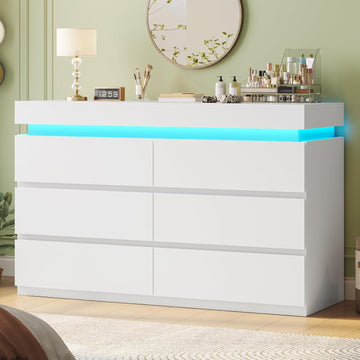 6 Drawer Dresser with LED Light, White Modern Chest of Drawers ,Closet Dressers with Drawers