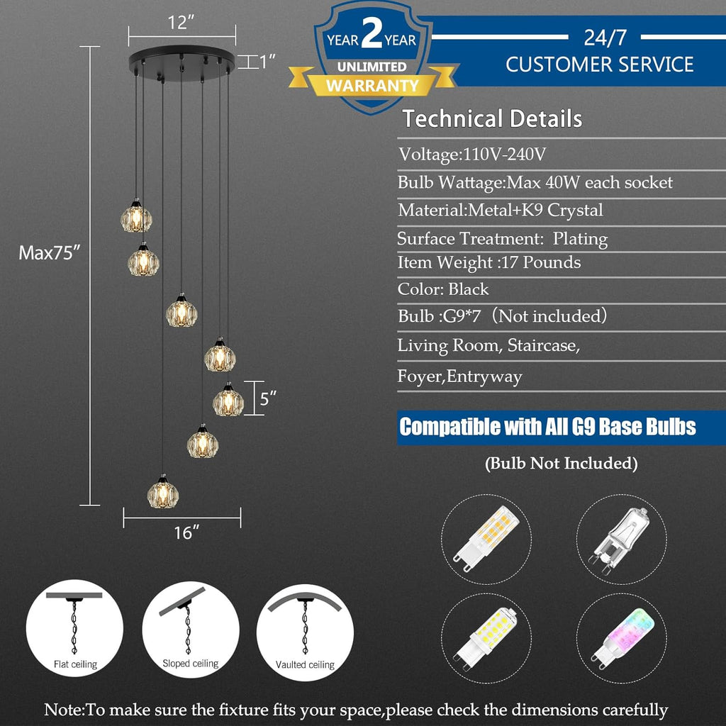 Crystal Chandeliers for Staircases, 7-Light Black Modern Chandeliers for High Ceilings_Crystal Pendant Light Fixture for Living Room Kitchen Island Foyer Hallway Bar