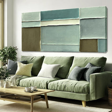 Modern Abstract Green Canvas Wall Art Soft Neutral Color Hand Painting Block Design Minimalist Artwork Bedroom Office