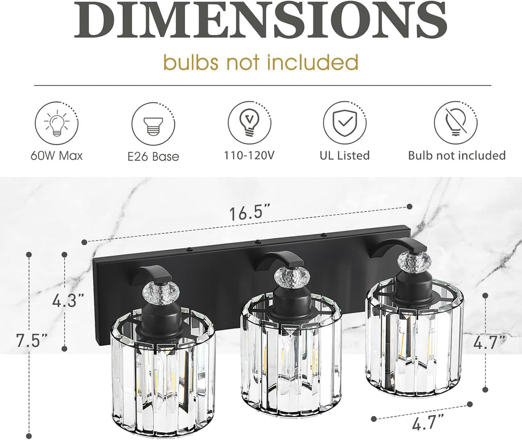 3-Light Black Bathroom Light Fixture Modern Vanity Lights Over Mirror Vintage Wall Sconce Lighting E26 Base with