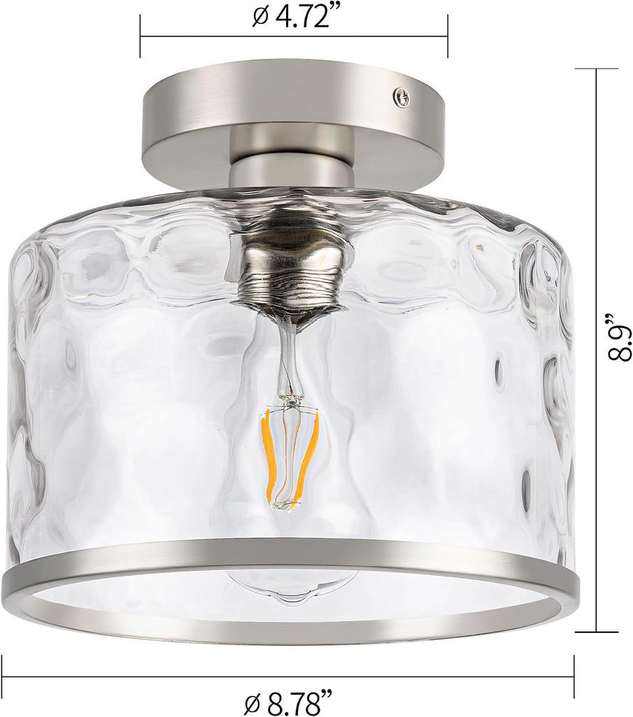 Modern Semi Flush Mount Ceiling Light with Industrial Clear Hammered Glass Lampshade, Farmhouse Ceiling Lights