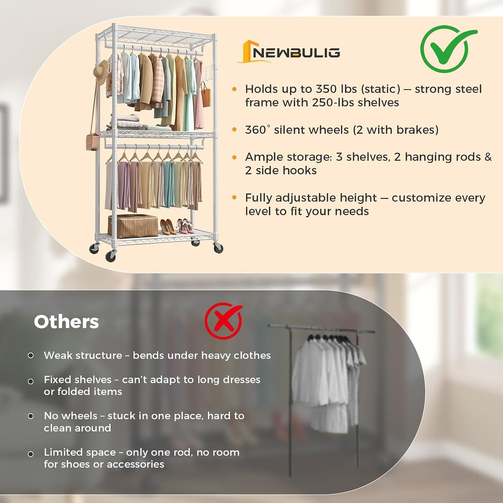Heavy Duty Clothing Rack with Wheels, 3-Tier Adjustable Wire Garment Rack, Metal Freestanding Closet Organizer System