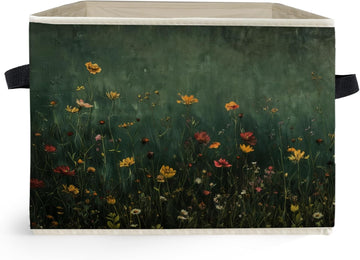 Dark Green Wildflower Storage Box Bins, Dark Cottagecore Floral Botanical Collapsible Storage Basket Organizer