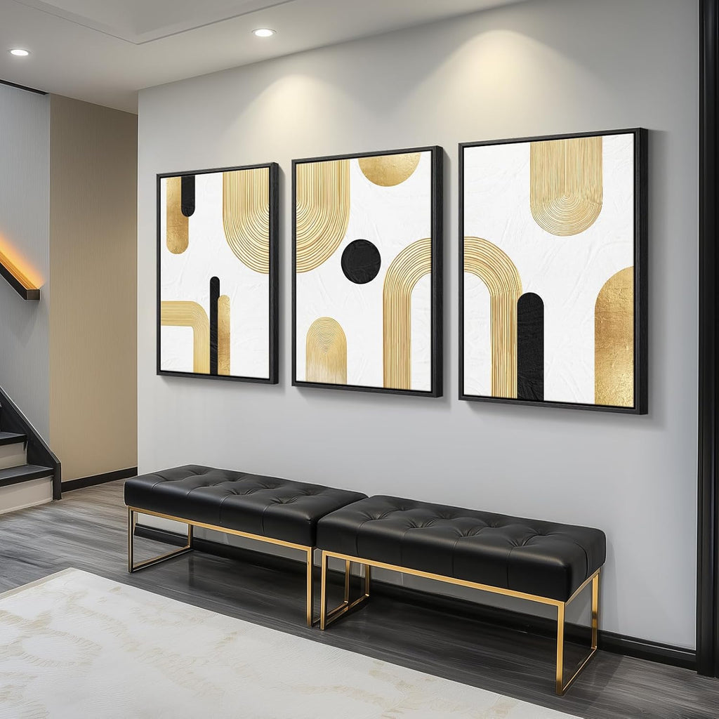 Large Framed Gold Abstract Geometric Wall Art , 3 Piece Modern Canvas Prints Paintings Artwork for Walls, Minimalist