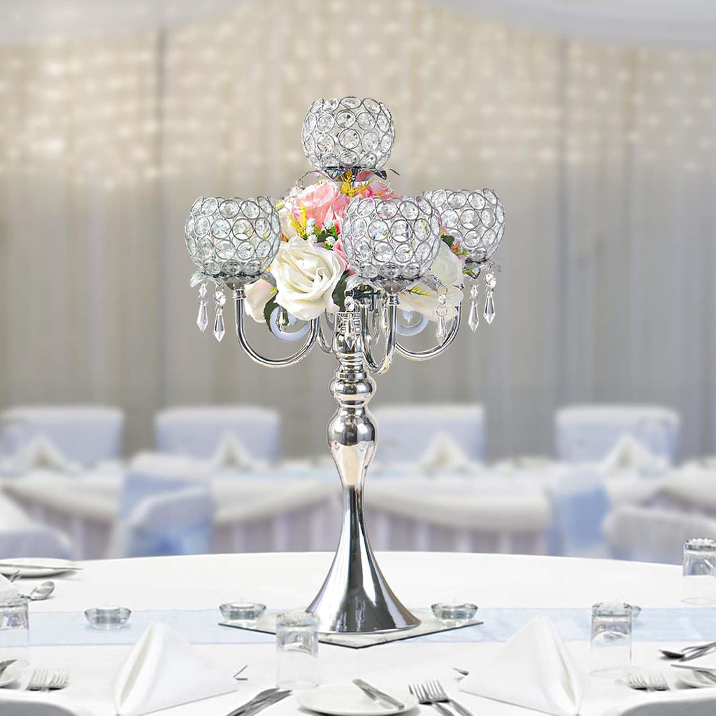 5 Arm Elegant Crystal Candle Holder,Candlestick, 22 Inch Tall Candle Holder Table Candelabra Event Party Table