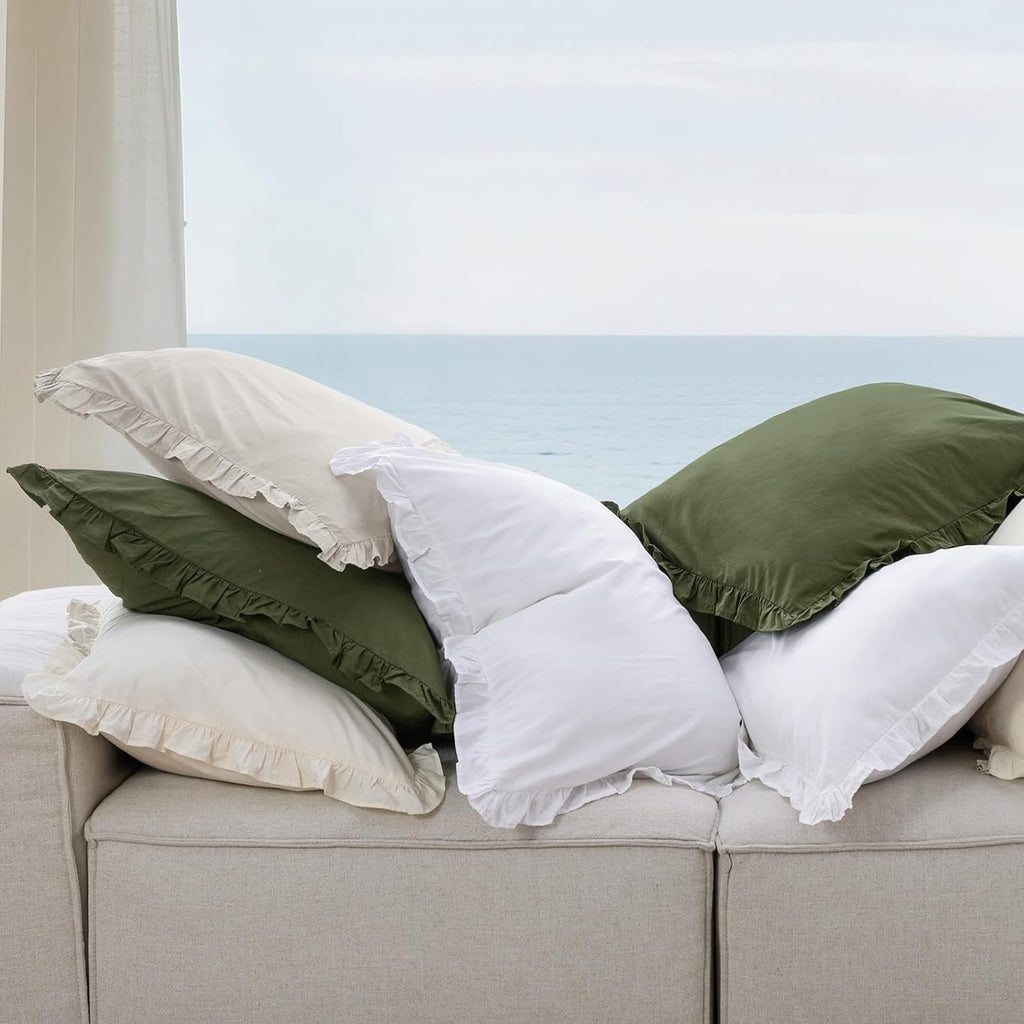 100% Washed Cotton Euro Shams with Ruffle, 2 Pack 26" x 26" Cotton Euro Sham Pillow Covers, No Insert, Ultra Soft