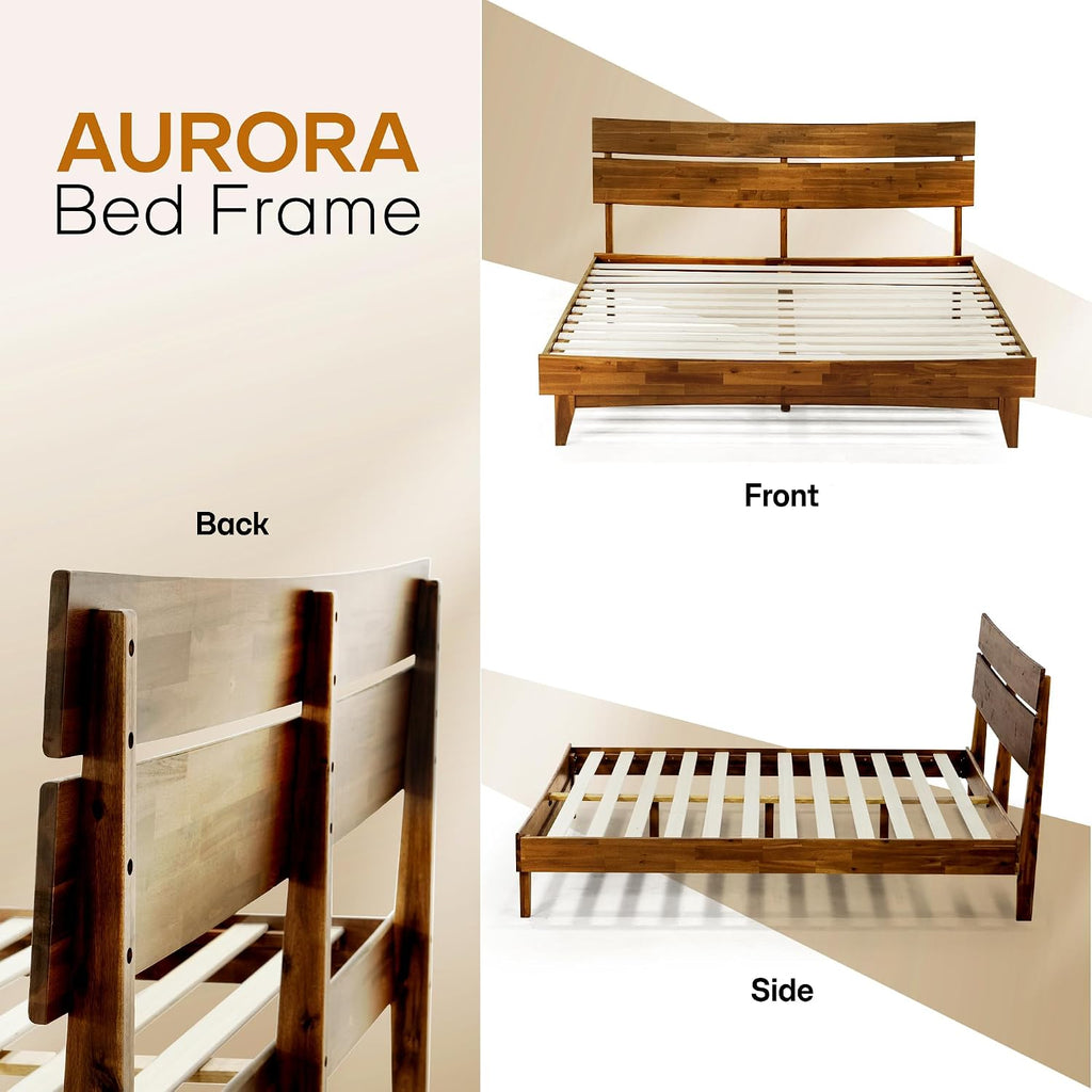 Aurora Solid Wood King Platform Bed Frame with Headboard, Walnut