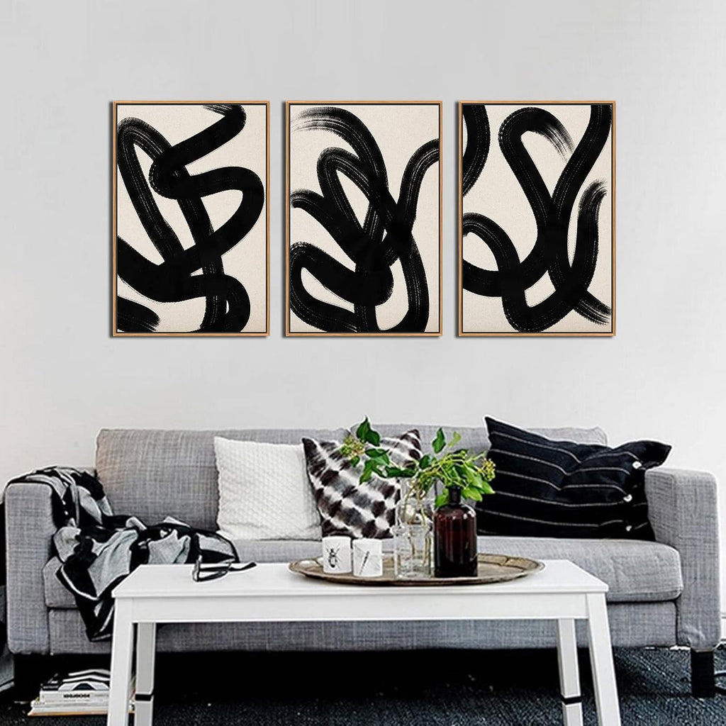 Framed Wall Art Canvas Set Abstract Lines Pictures Modern Mid Century Boho Wall Decor Minimalist Abstract Black