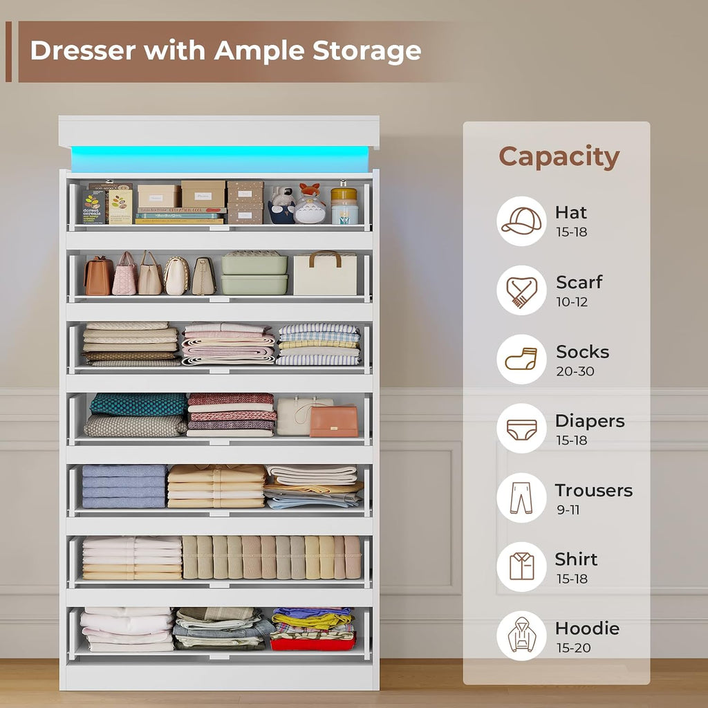 Tall 7 Drawer Dresser with LED Light, White Modern Chest of Drawers ,Closet Dressers with Drawers