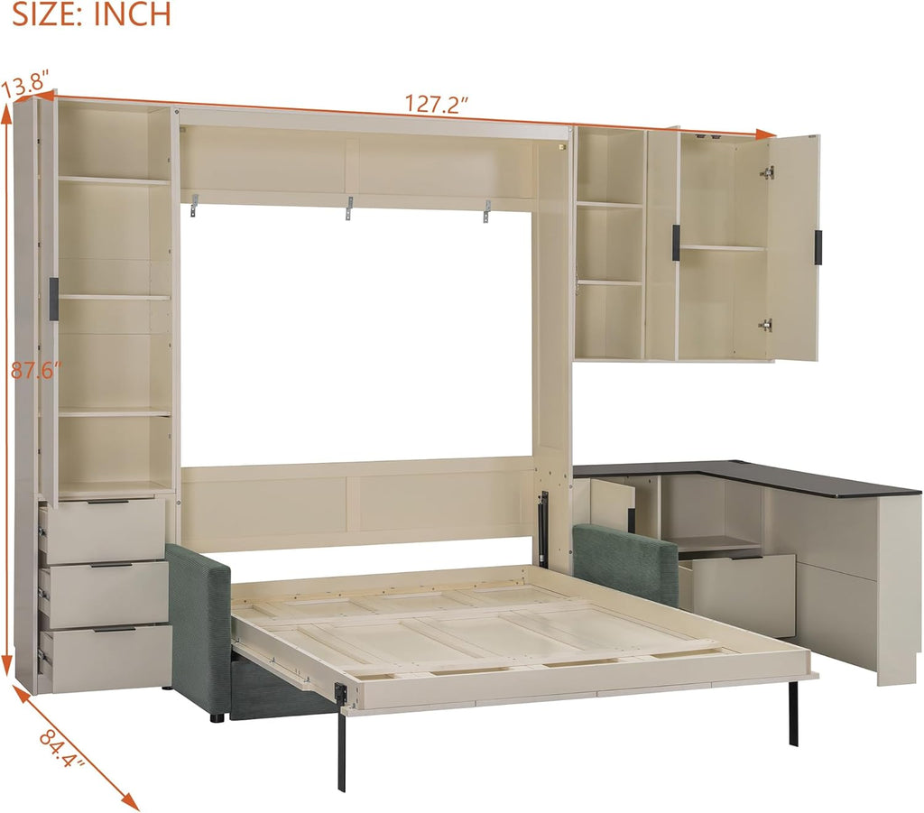 Queen Foldable Murphy Bed with Sofa and Desk, Wall Cabinet Bed with Hydraulic Storage, Shelves & Drawers, LED/USB