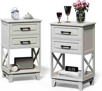 Nightstand Set of 2, 30" Tall Side Table with 2 Drawers and Open Shelf, Bedside Table with Solid Feet, Modern Night