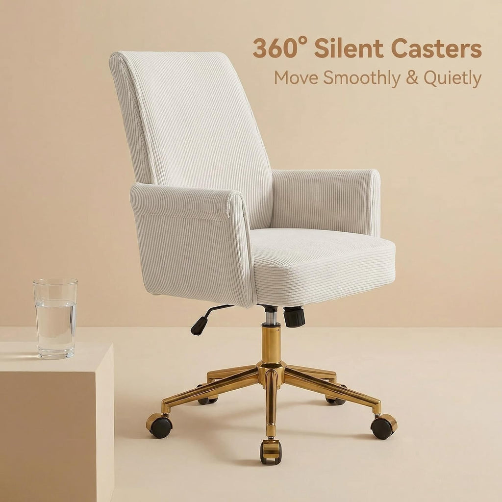 Velvet 360°Swivel Desk Chair, Modern Height Adjustable Home Office Armchair with Gold Base and Wheels for