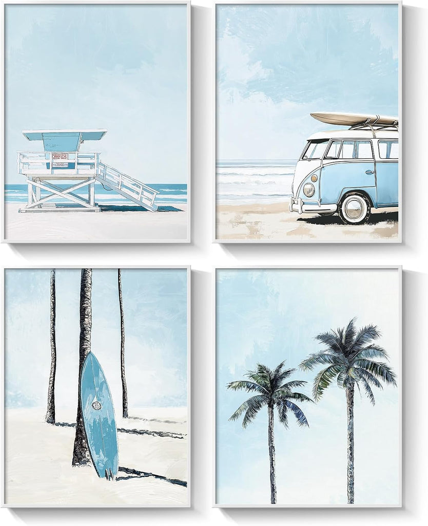 Framed Blue Coastal Beach Wall Art for Room Decor, 4 Piece Beach Ocean Bathroom Canvas Pictures Prints, Palm Tree