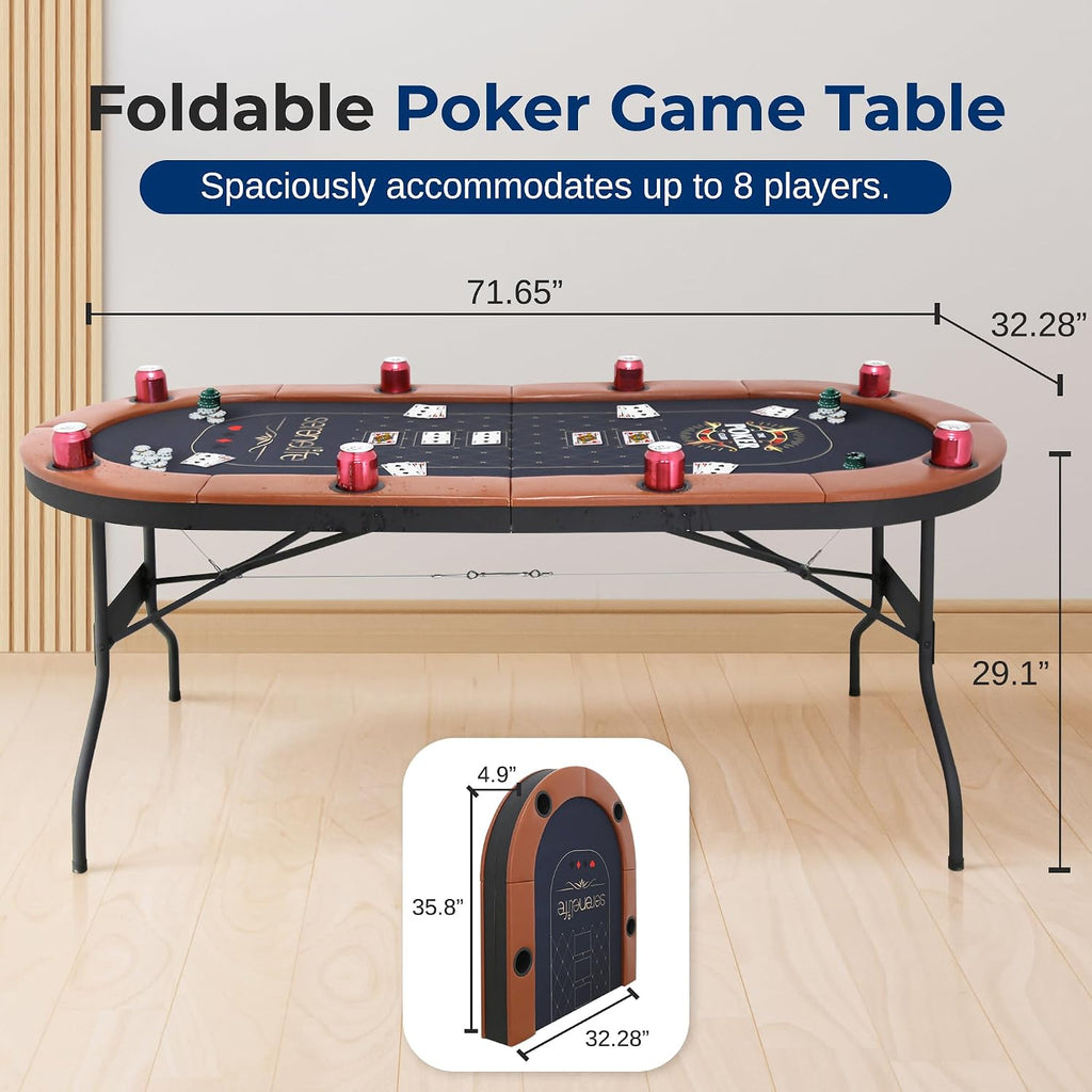 8 Player Foldable Poker Table, 71 inch Portable Casino Table for Texas Holdem w/Cushioned Rail & Cup Holders, Folding