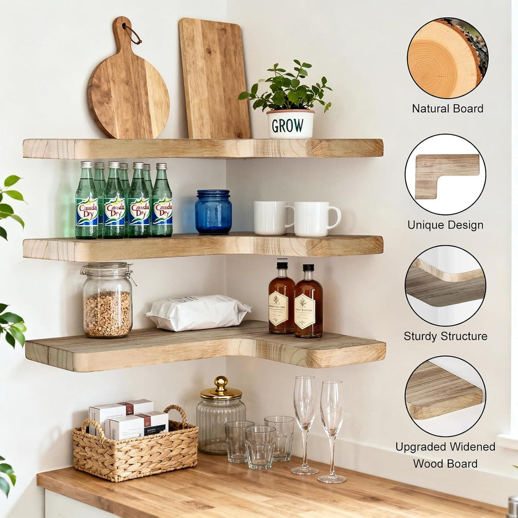 Floating Corner Shelves, Wall Shelf Set of 3, Shelves for Wall Storage, Solid Wood Shelves for Storage, Wall Mount