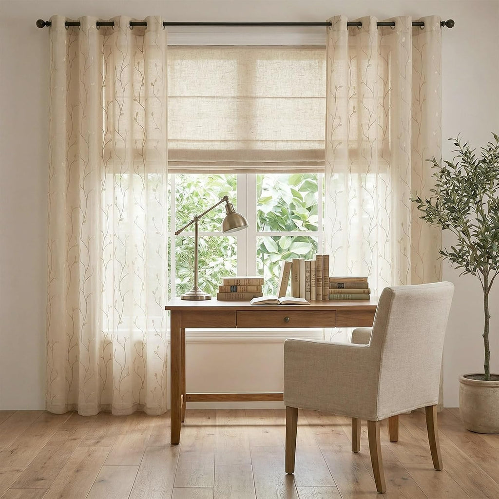 Sheer Curtains for Bedroom Leaf Embroidered Semi Sheers for Living Room Botanical Embroidery Voile