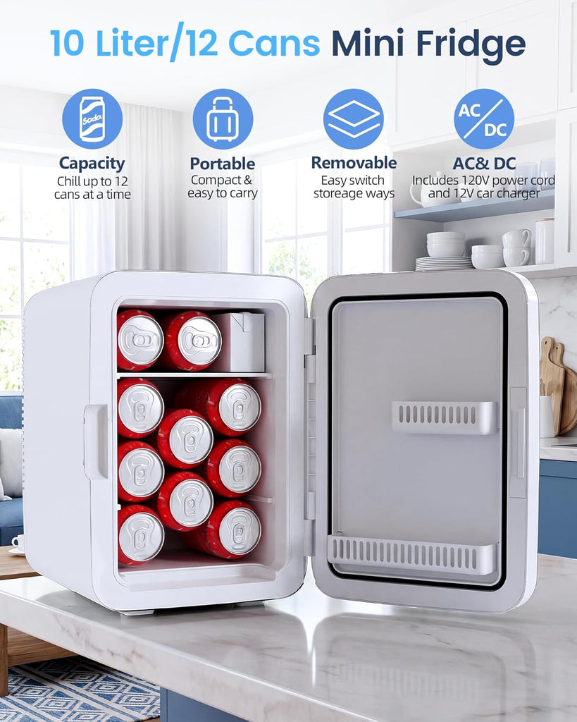 10L Compact Mini Fridge, Portable Small Refrigerator, Small Cosmetics Cooler, 2.6 Gal Mini Fridge with AC/DC Adapters