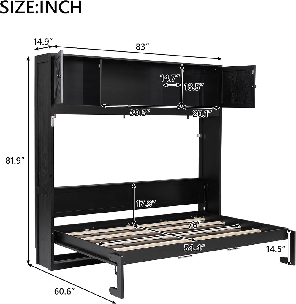 Full Horizontal Murphy Bed with Storage, Farmhouse Wooden Wall Bed with Cabinets and Bookcase, Space-Saving Foldable