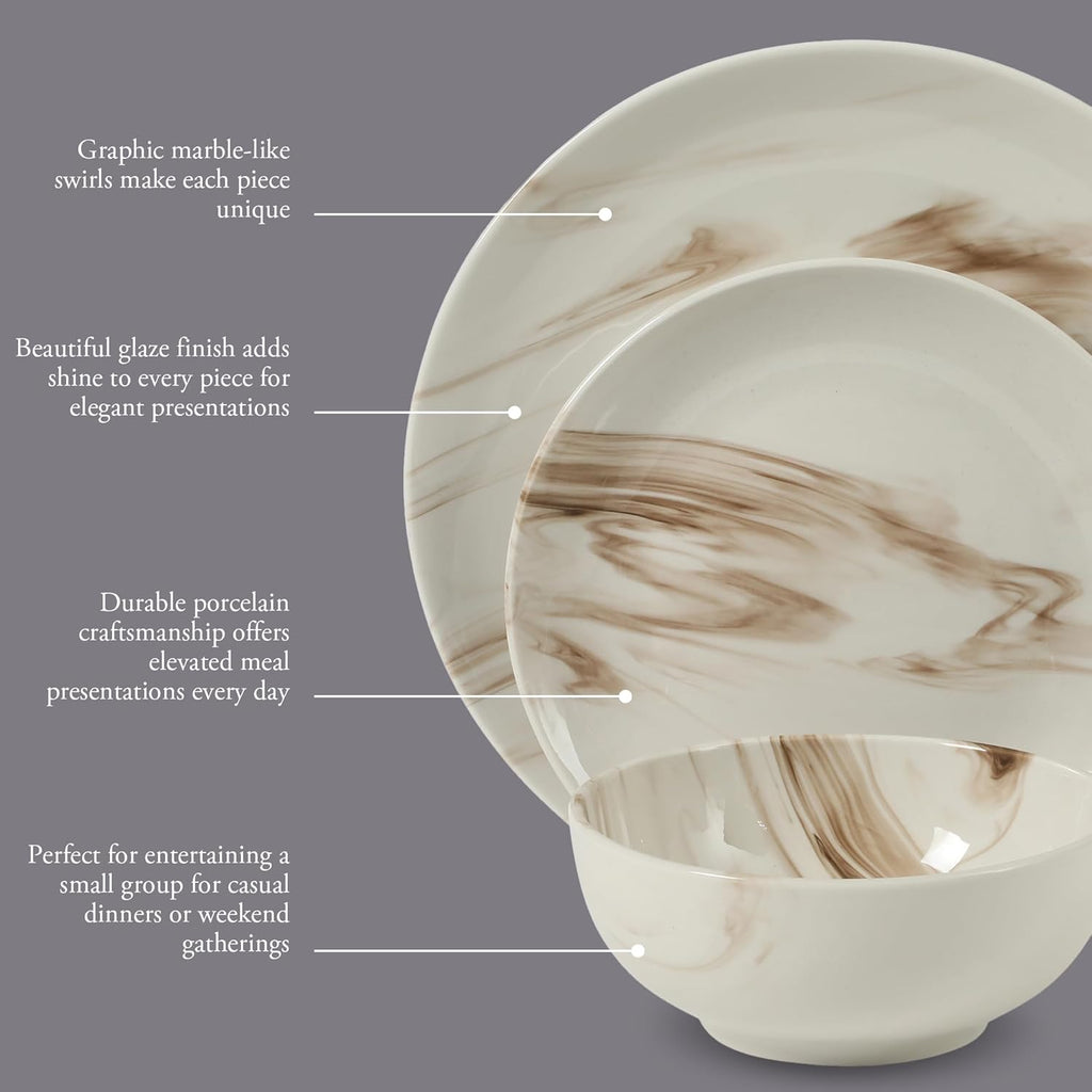 Cloudlight 12 Piece Plates and Bowls Dishes Brown and White - Decorated Porcelain Ceramic Dinnerware Set - Service for 4