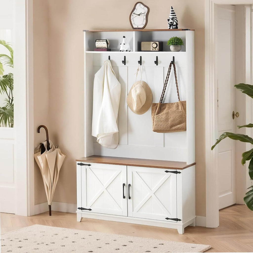 38" Farmhouse Hall Tree with Bench and Shoe Storage, Entryway Bench with Coat Rack, 2 Open Compartments, 5 Coat