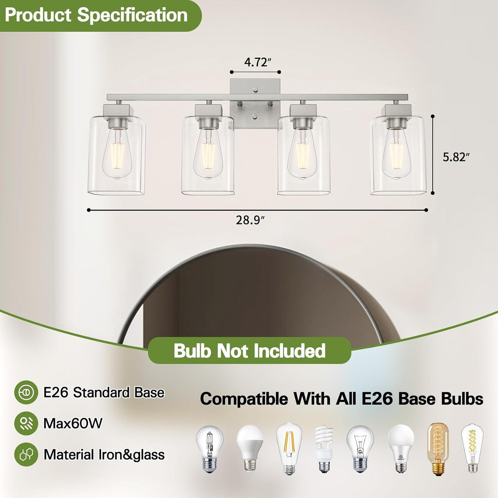 4 Light Bathroom Vanity Light - Brush Nickel Matte Vanity Lights Square Design & UL Certification & Square 26" Silver
