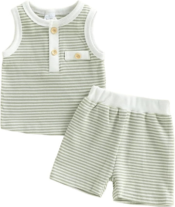 Toddler Baby Boy Stripe Waffle Sleeveless Shirt Shorts Set