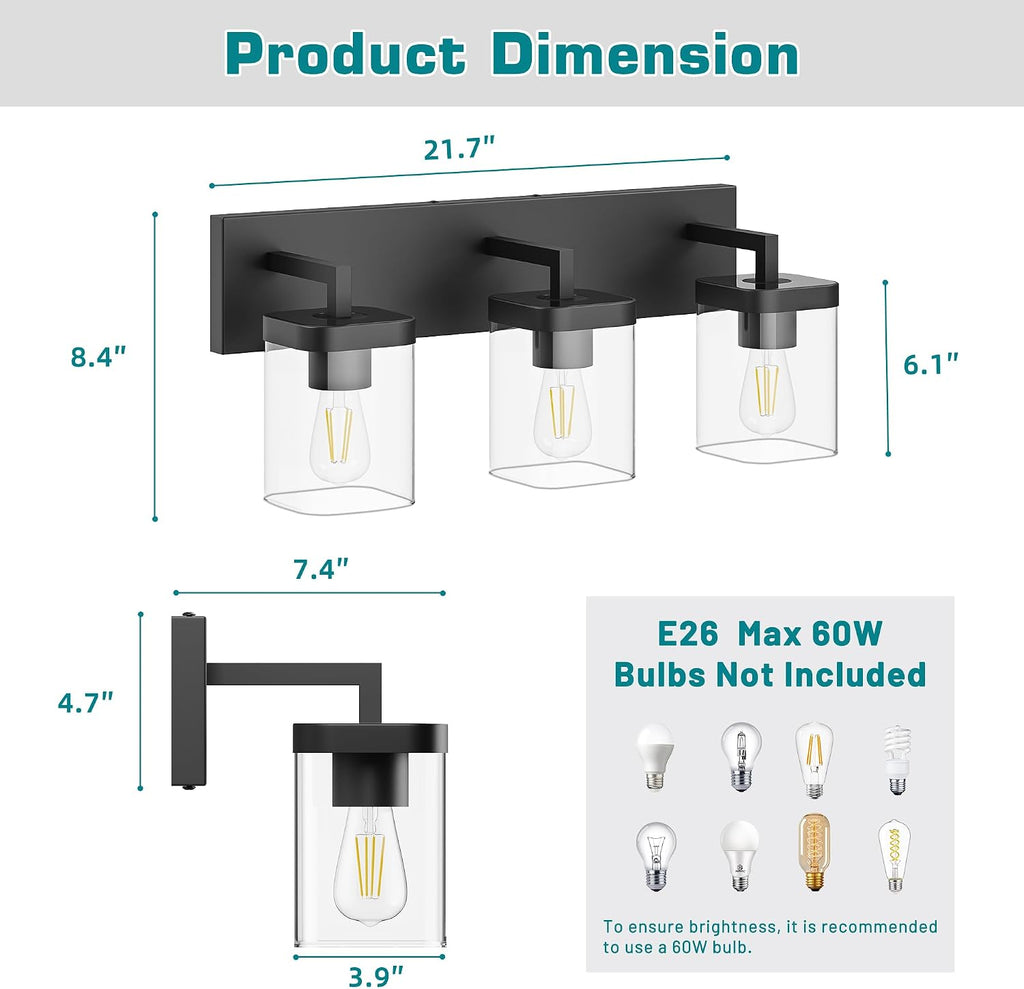 Bathroom Lighting Fixtures Over Mirror, Square Design & Rectangle Large Backplate, 3 Lights Morden Vanity Lighting