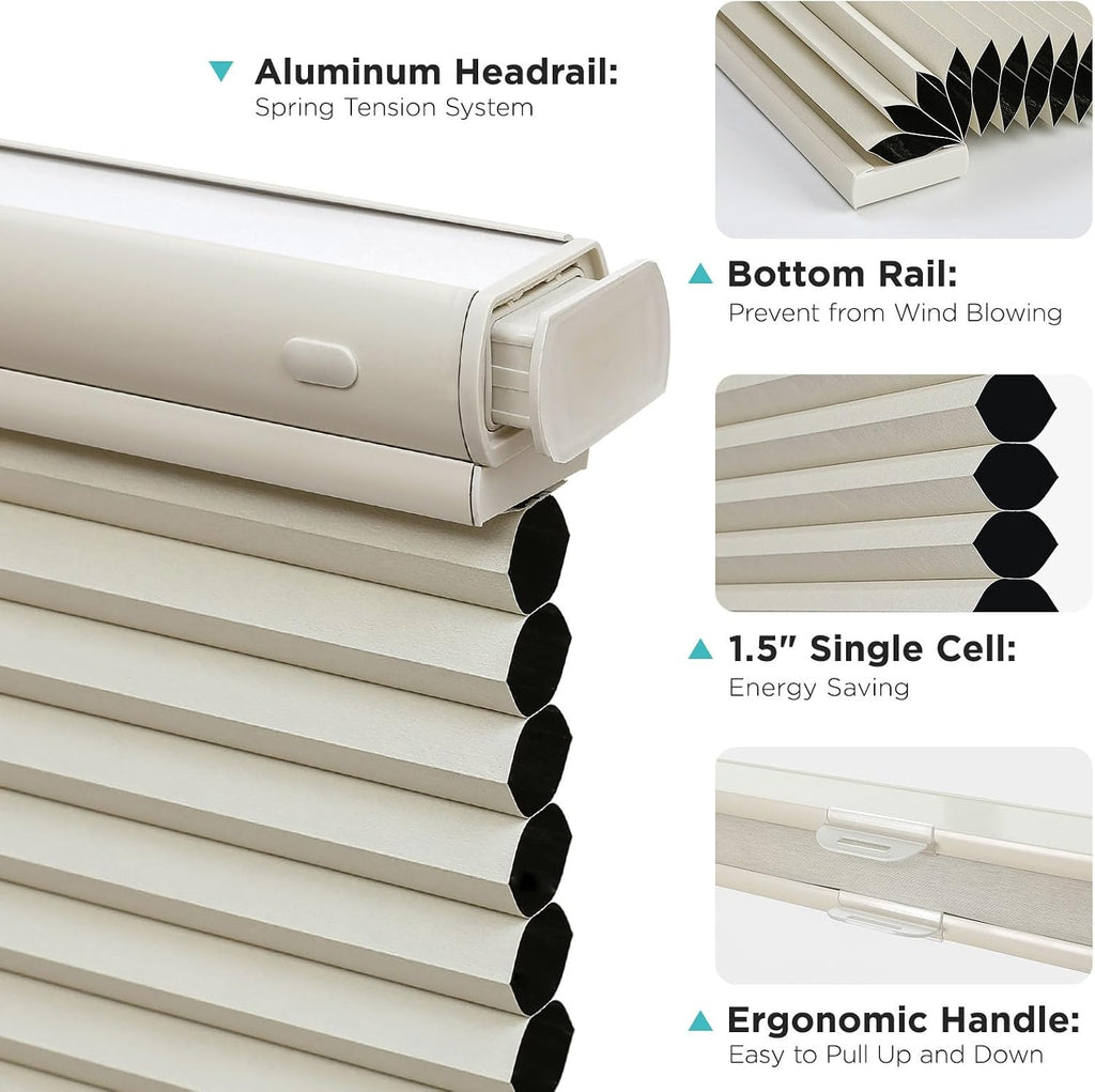 No Drill Blackout Cordless Cellular Shades, 31" W x 64" H, Beige