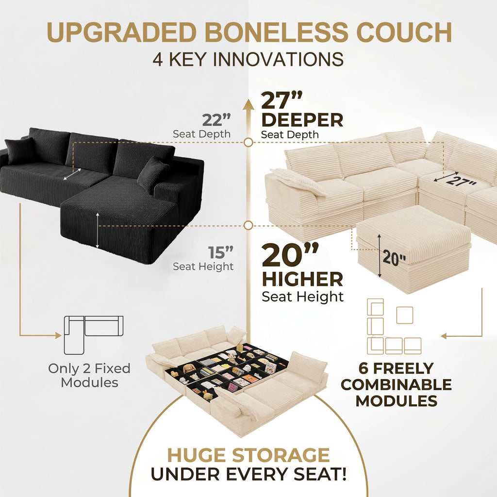 Upgrade Boneless Couch with Storage, Extra Deep&High Seat Modular Sectional Sofa 5 Seater U Shaped Couch with