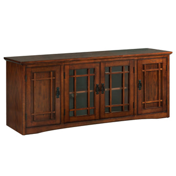 Home 82360 Solid Wood Mission Oak Four Door TV Stand For 65" TVs Universal TV Console Living Room Storage Shelves