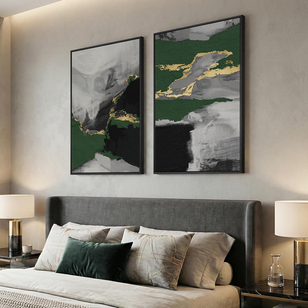 Large Framed Green Abstract Wall Art, 2 Piece Modern Canvas Prints Paintings, Black and Gray Pictures with Gold