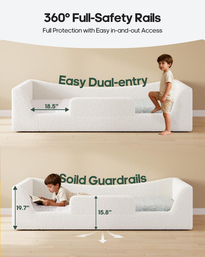 Twin Floor Bed, Low Montessori 2-in-1 Beds, Slats, High Rails, Upholstered | 2-in-1 Convertible Bed Frame, Curved