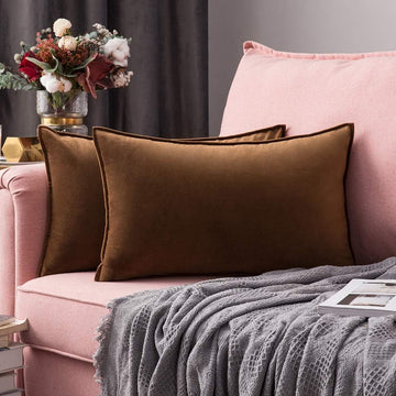 Brown Velvet Lumbar Throw Pillow Covers 12x20 Soft Decorative Solid Square Cushion Cases Pack of 2 Modern Luxury Home