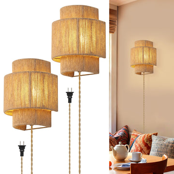 Plug-in Rattan Wall Sconces Set of 2,Boho Wall Light Fixture with Switch,Rustic Farmhouse Handwoven Hemp Rope Wall