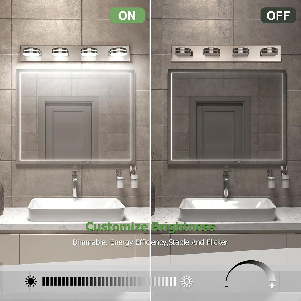 4-Light Bathroom Vanity Light, Brushed Nickel Bathroom Light Fixtures Over Mirror, LED Dimmable 5500K Bath Lighting