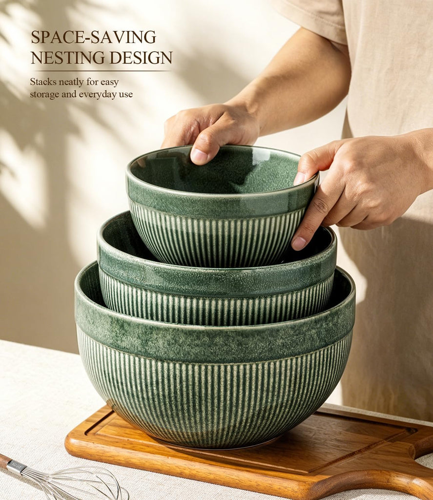Ceramic Mixing Bowls Set of 3, Stoneware Nesting Serving Bowls, | 45/90/150 oz For Prep, Baking, Serving, Gift