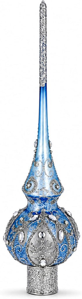 Ornate Blue Silver Scrollwork Translucent Finial Glass Tree Topper