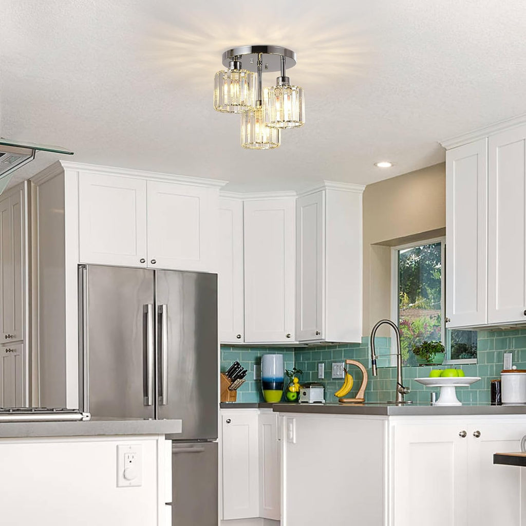 Semi Flush Mount Ceiling Light,3-Light Modern Close to Ceiling Light Fixtures,Kitchen Light with Clear Crystal