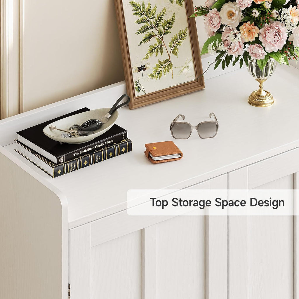 White 7+1 Tier Farmhouse Shoe Storage Cabinet - 45" Tall Entryway Organizer with Cross Molding Doors, 3 Adjustable